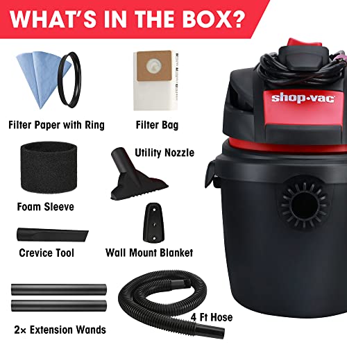 Shop-Vac 5 Gallon 5.5 Peak HP Wet/Dry Vacuum, Wall Mountable Compact Shop  Vacuum with 18' Extra Long Hose & Attachments, Ideal for Jobsite, Garage,  Car & Workshop. 9522236