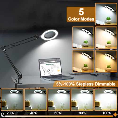 10X Large Magnifying Glass with Light and Stand, KRSTLV 2 x 16 Inch Adjustable Swivel Arm LED Desk Lamp with Clamp, 5 Color Modes Stepless Dimmable, Krstlv