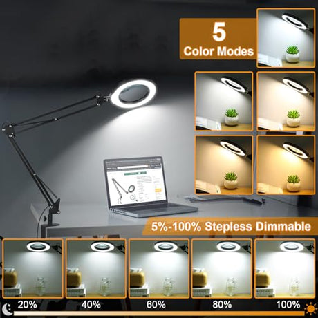 10X Large Magnifying Glass with Light and Stand, KRSTLV 2 x 16 Inch Adjustable Swivel Arm LED Desk Lamp with Clamp, 5 Color Modes Stepless Dimmable, Krstlv
