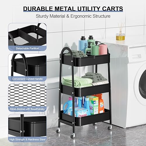 EAGMAK 3 Tier Utility Rolling Cart, Metal Storage Cart with Handle and Lockable Wheels, Multifunctional Storage Organizer Trolley with Mesh Baskets EAGMAK