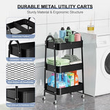 EAGMAK 3 Tier Utility Rolling Cart, Metal Storage Cart with Handle and Lockable Wheels, Multifunctional Storage Organizer Trolley with Mesh Baskets EAGMAK