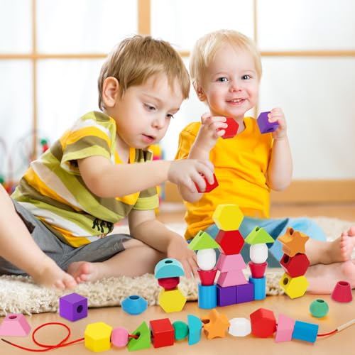 TooyBing Montessori Wooden Lacing Beads Toys for 2 3 4 Year Old Toddler Kids, Sequencing & Stacking Block Toy with Storage Box, STEM Preschool TooyBing