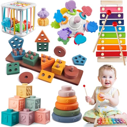 6 in 1 Montessori Baby Toys for 1 + Year Old, Infant Sensory Teething Toys for Babies 6-12 Months, Wooden Stacking Building Blocks Shape Sorter, - WoodArtSupply