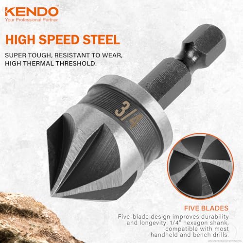 KENDO 5PCS Countersink Drill Bit Set, High Speed Steel Countersink Bits, 82 Degree 5 Flute Pieces, 1/4 Inch Hex Shank, Fit for Sink Holes into Kendo