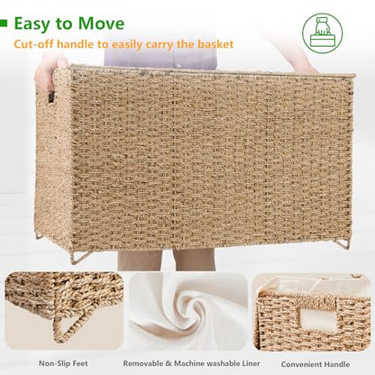 PrimeZone Double Laundry Hamper with Lid - 160L (42 Gallon) Natural Seagrass Hand Woven Clothes Laundry Basket with 2 Section Removable Liner, - WoodArtSupply