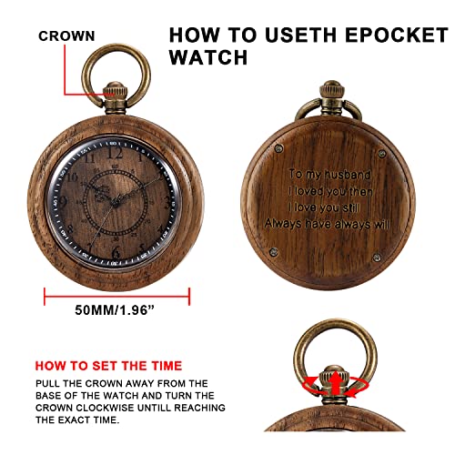 Tiong to My Husband Gifts Personalized Engraved Wood Pocket Watch for Men Husband Anniversary Christmas Birthday Wooden Quartz Pocket Watch Best Tiong