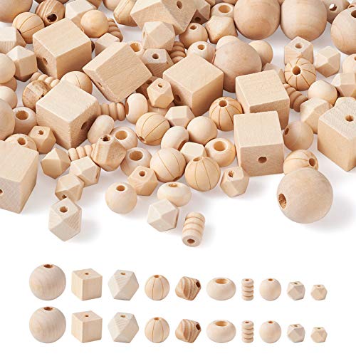 Craftdady 150pcs Unfinished Geometric Wooden Loose Beads Natural Unpainted Round Polygon Cube Rondelle Column Wood Spacer Beads for Craft Jewelry