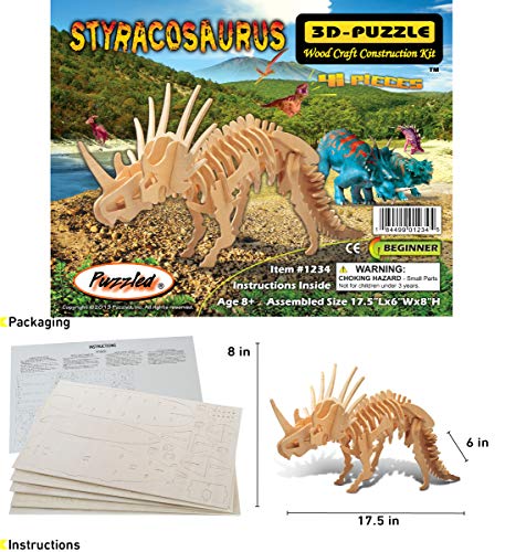 Puzzled 3D Puzzle Styracosaurus Dinosaur Wood Craft Construction Model Kit Educational DIY Wooden Dino Toy Assemble Model Unfinished Crafting Hobby
