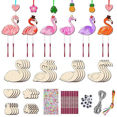 16 Pack Wind Chime Kits for Kids, Make Your Own Summer Flamingos Wind Chime DIY Coloring Heart Flower Pineapple Wooden Arts and Crafts Birthday Gifts