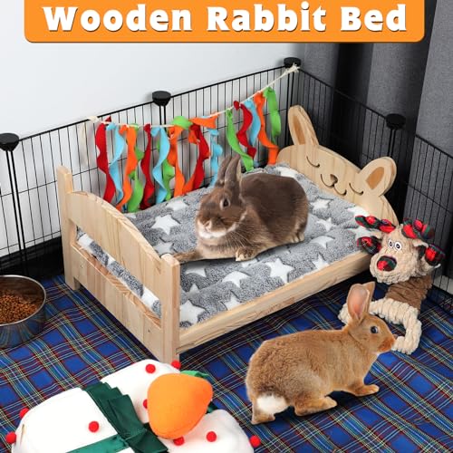 BWOGUE Large Wooden Rabbit Bed, 2 in 1 Folding Wooden Pet Bed with Removable Cushion Small Animals Bed for Rabbits Bunny Guinea Pigs Kittens Puppy - WoodArtSupply