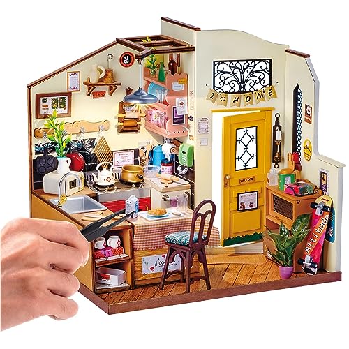 ROBOTIME Miniature House Kit DIY Miniature Dollhouse with Furniture Tiny Room Kit with LED Light Hobby Gift for Kids & Adults (Cozy Kitchen) - WoodArtSupply