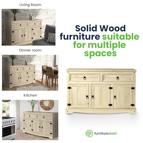 Furniture Dash Solid Wood Buffet Sideboard 51.9" W, 16.9" D, 31.6" H - Wooden Storage Cabinet with 3 Doors & 2 Drawers - Cupboard Console Table, Furniture Dash