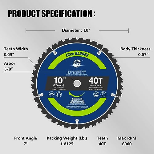 Ezee 10 inch Table Saw Blades 40 Teeth, General Purpose Circular Saw Blade with 5/8-inch Arbor, 0.09" Thin Kerf, Carbide-Tipped Professional EZee