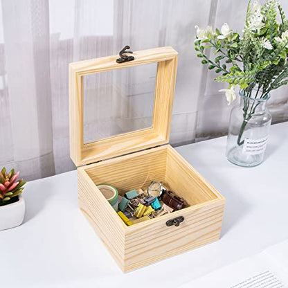 Useekoo Wooden Box with Hinged Lid, 5.9'' x 5.9'' x 3.9'' Unfinished Wood Keepsake Storage Box with glass lid, Wooden Jewelry Box for Gift and Home