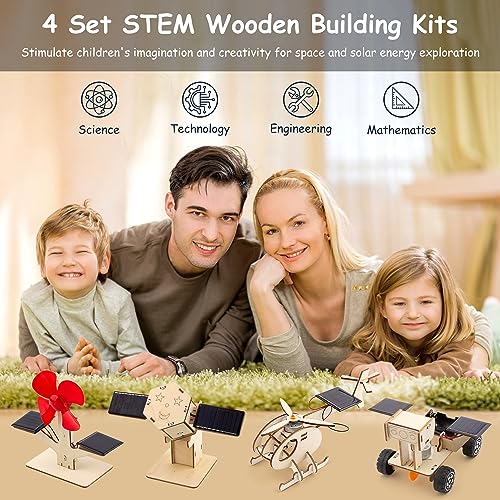 4 in 1 STEM Projects for Kids Ages 8-12 Solar-Power Science Experiment Wooden Building Kits Assembly 3D Wooden Puzzles Toy for Boys and Girls 8 9 10