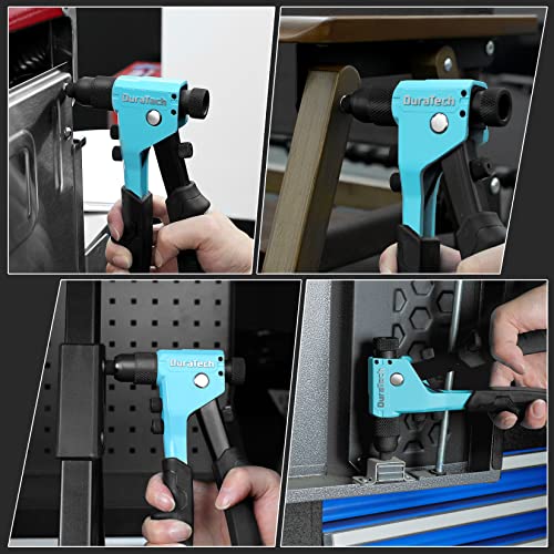 DURATECH 4-in-1 Rivet Gun, Pop Rivet Tool Kit with 100 Rivets - 3/32", 1/8", 5/32", 3/16", Heavy Duty Hand Riveter with 4 Interchangeable Nosepieces DURATECH