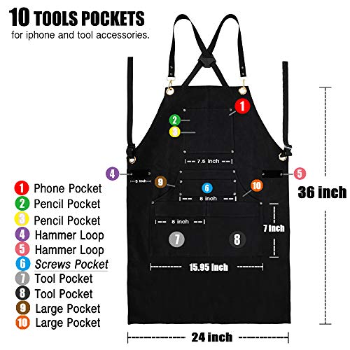 QeeLink Woodworking Shop Apron with 10 Pockets FR Waxed Canvas Work Apron - Flame Retardant - Adjustable M to XXXL for Men & Women, Black - WoodArtSupply