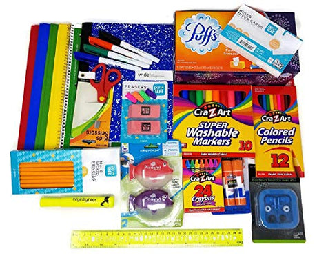 Back to School Supplies Bundle with Tissue, Markers, Pencils, Sharpeners, Crayons, Erasers, Glue Sticks, Earbuds, Poly Prong Folders, Ruler, Ruled Grand Bay Market