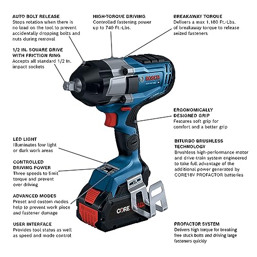 BOSCH GDS18V-740CB14 PROFACTOR™ 18V Connected 1/2 In. Impact Wrench Kit with Friction Ring and (1) CORE18V 8 Ah High Power Battery - WoodArtSupply