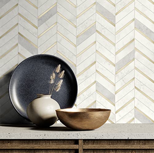 NextWall Chevron Faux Marble Tile Peel and Stick Wallpaper (Metallic Gold & Pearl Gray) NextWall