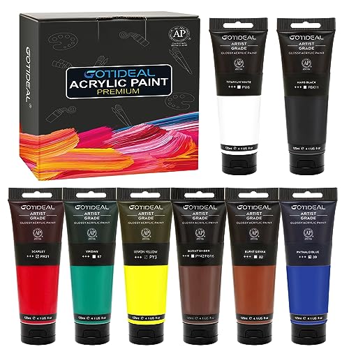 GOTIDEAL Craft Acrylic Paint Set,8 Primary Colors（(120ml,4 oz) Rich Pigments Non-Toxic Washable, Professional Paint for Pouring on Canvas, Rocks,