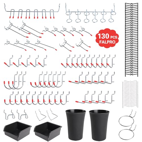 FALPRO 130PCS Pegboard Hooks Assortment - Peg board Hooks for Hanging Tools with Pegboard Bins & Cups,1/8-Inch Pegboard Wall Organizer - Ideal for FALPRO