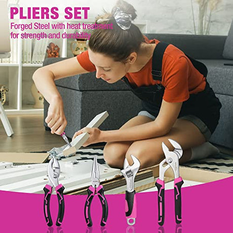 ValueMax Home Tool Kit with Drill, 233-Pieces Pink Tool Set with 12V Cordless Lithium-ion Drill, Power Tool Set with Wide Mouth Open Storage Bag, ValueMax