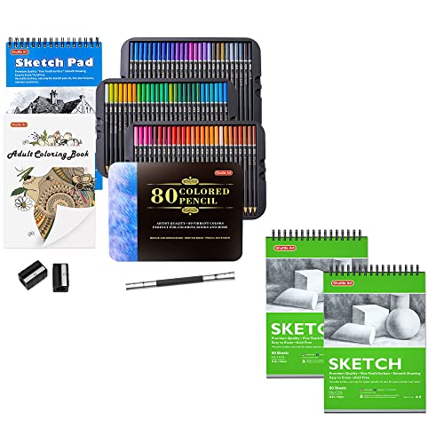 Shuttle Art Colored Pencils Bundle, Set of 80 Colors Professional Colored Pencils + 160 Sheets Artist Sketch Books - WoodArtSupply