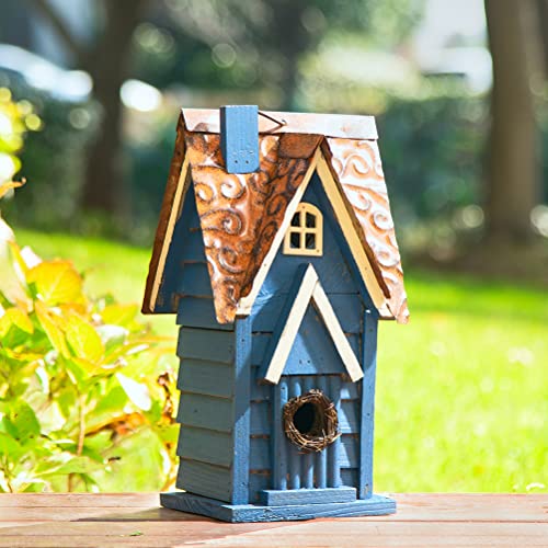 Glitzhome 12" H Retro Blue Distressed Solid Wood Cottage Birdhouse Hanging Bird House for Outdoors glitzhome