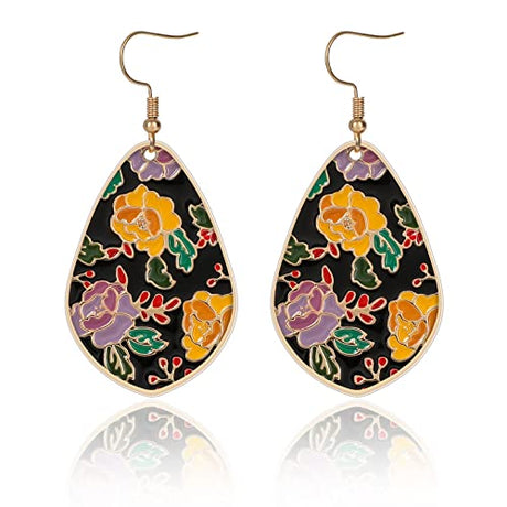 Bohemian Drop Flower Earrings for Women Colorful Floral Pattern Epoxy Resin Tie Dye Lightweight Elegant Vintage Teardrop Dangle Earrings Boho IDEAJOY
