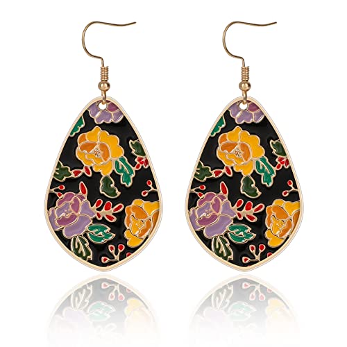 Bohemian Drop Flower Earrings for Women Colorful Floral Pattern Epoxy Resin Tie Dye Lightweight Elegant Vintage Teardrop Dangle Earrings Boho - WoodArtSupply