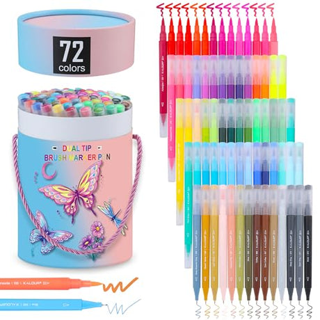 Kalour 72 Colors Art Markers Pens,Dual Tip (Brush and Fine Point),Color Number and Color Name,Art Marker for Coloring Lettering Calligraphy Drawing KALOUR