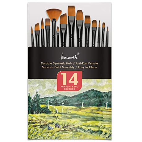 Brusarth Artist Paint Brush Set of 14 - Paint Brushes for Acrylic Painting, Canvas, Watercolor or Fabric - Painting Art Supplies for Beginners and Brusarth