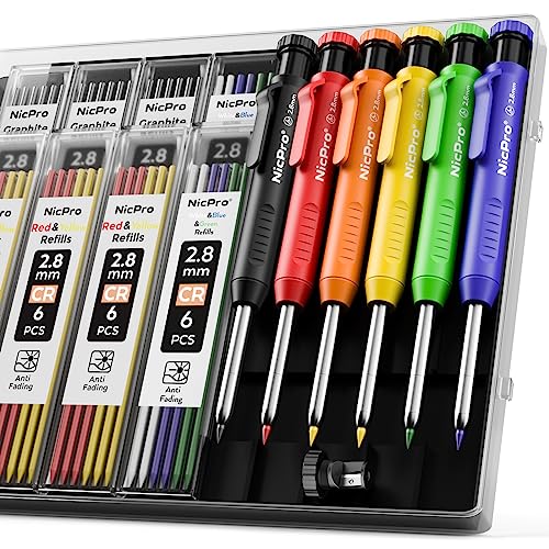 Nicpro 6 Pack Carpenter Pencil with Sharpener,Mechanical Pencils Set 54PCS Refills(Black,Red,Yellow,Blue,Green,White) Deep Hole Marker Construction Nicpro
