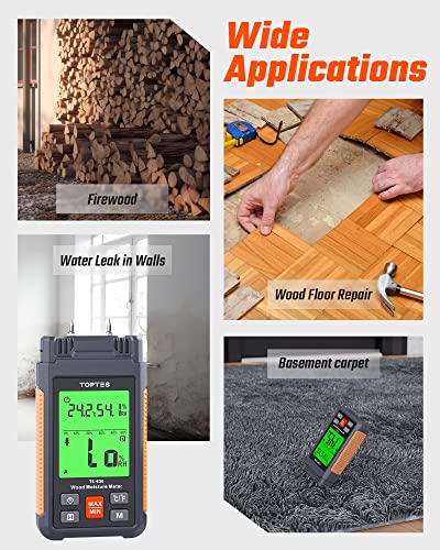 TopTes TS-630 Wood Moisture Meter for Firewood/Drywall, 2.25-inch LCD Screen with 3 Color Backlight Dry-Moisture-Wet Display, 2 Mode 7 Calibration