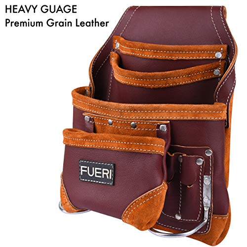 FUERI Professional 10 Pocket Leather Carpenter Tool Belt Pouch Framers Bag | Heavy Duty Premium Grain Leather Riveted Reinforcement Electrician Bag | FUERI
