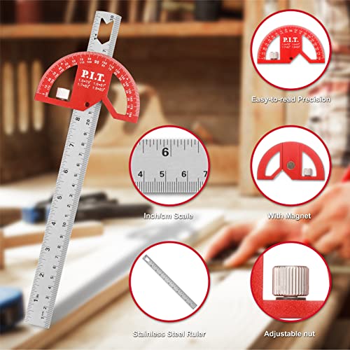P.I.T. Angle Protractor Square 12 Inch, Adjustable Construction Protractors for Carpenters & Woodworking Hobbyists with 0-180 Degrees Measuring P.I.T.