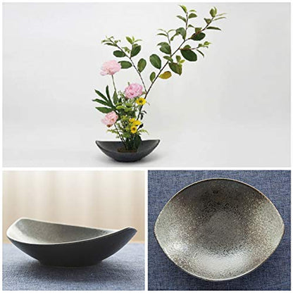 WANDIC Flower Frog Kit, Crescent Shaped Ikebana Flower Vase with 5cm Ikebana Kenzan Flower Frog and Wood Base for Flower Arranging Art, Black Spotted - WoodArtSupply