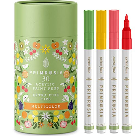 Primrosia 30 Multicolor Acrylic Paint Pens – Fine Tip Markers for Artists. Ideal for Journaling, Paper, Glass, Rock Painting, Ceramic, Wood, Fabric Primrosia