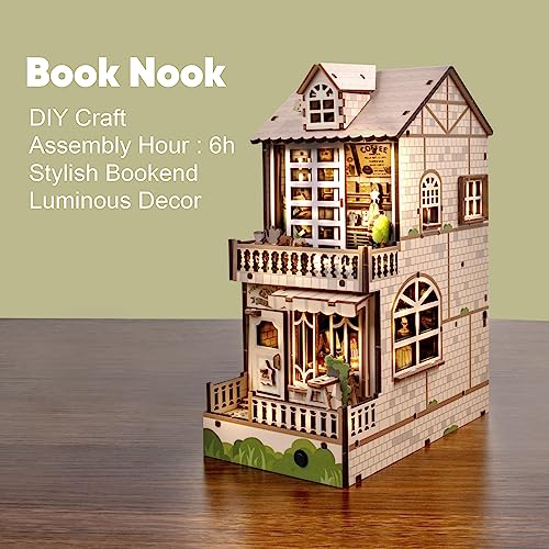 DIY Book Nook Kit, 3D Wooden Puzzle Bookshelf Insert Diorama Kit with LED, DIY Bookend Miniature Model Kits Crafts Hobbies Gifts for Adults and Kids
