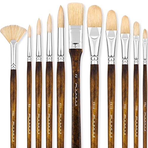 Fuumuui Professional Oil Paint Brush Set & Inspiration Art Dice, 11pcs Superior Hog Bristle Paint Brushes with Wooden Art Dice for Creative Block Fuumuui