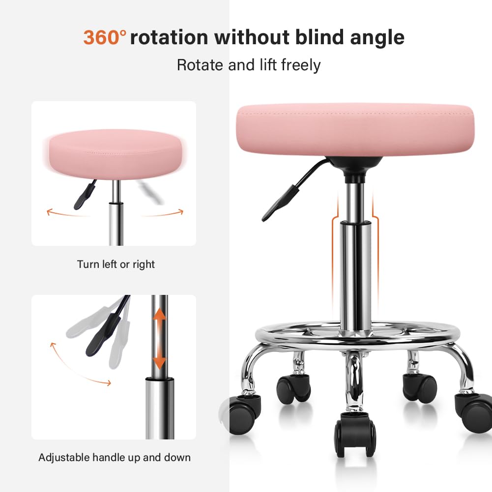 KKTONER PU Leather Round Rolling Stool with Foot Rest Swivel Height Adjustment Spa Drafting Salon Tattoo Work Office Massage Stools Task Chair (Pink) KKTONER