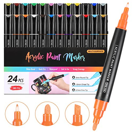 24 Colors Three Tips Paint Pens Paint Markers, Acrylic Markers Pens With Fine Tip Medium Tip Chisel Tip, Acrylic Paint Pens for Rock Painting, Wood, Coogert