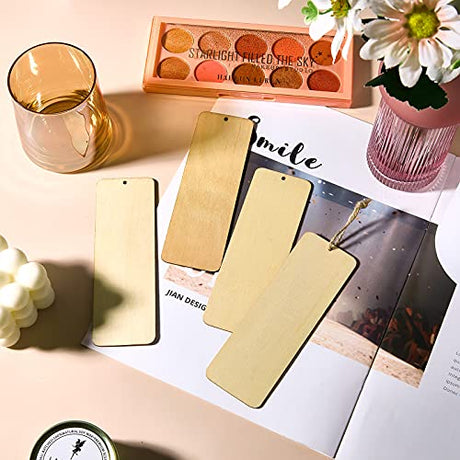 Wood Blank Bookmarks DIY Wooden Craft Bookmark Unfinished Wood Hanging Tags Rectangle Shape Blank Bookmark Ornaments with Holes and Ropes for Zonon