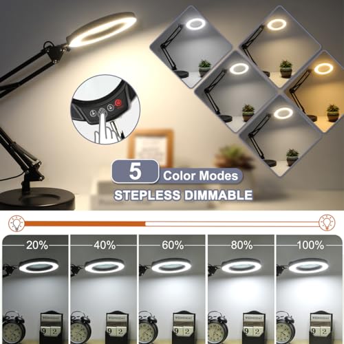 10X Magnifying Glass with Light, Krstlv Upgrade Button 5 Color Modes Stepless Dimmable 2-in-1 LED Lighted Desk Lamp & Clamp, Hands Free Magnifier Krstlv