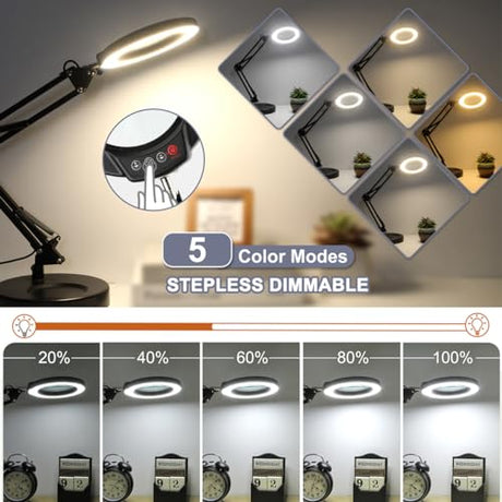 10X Magnifying Glass with Light, Krstlv Upgrade Button 5 Color Modes Stepless Dimmable 2-in-1 LED Lighted Desk Lamp & Clamp, Hands Free Magnifier Krstlv