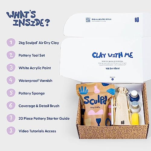 Sculpd Pottery Kit, Air Dry Clay Starter Kit for Beginners with Matte Varnish, Pottery Kit for Two Includes Paint, Tool Set, Paintbrushes, Sponge and Sculpd