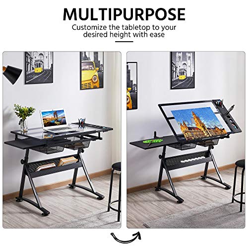 Topeakmart Height Adjustable Drafting Desk Artist Drawing Table Tilted Tabletop Art Desk Work Station w/2 Storage Drawers and Stool for Home Office Topeakmart