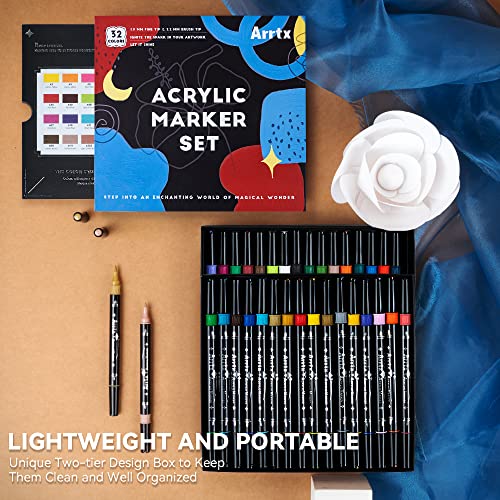 Bundle of 5 Pieces Painting Knives with Arrtx Acrylic Paint Pens, 32 Colors Brush Tip and Fine Tip (Dual Tip) Paint Markers for Rock Painting LIGHTWISH