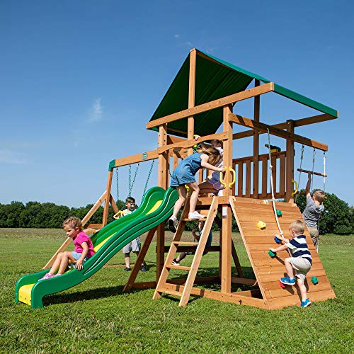 Backyard Discovery Mount McKinley All Cedar Wood Swing Set, Playground for All Kids Age 3-10, Rock Wall, Wave Slide, Fort, Double Rock Climber and